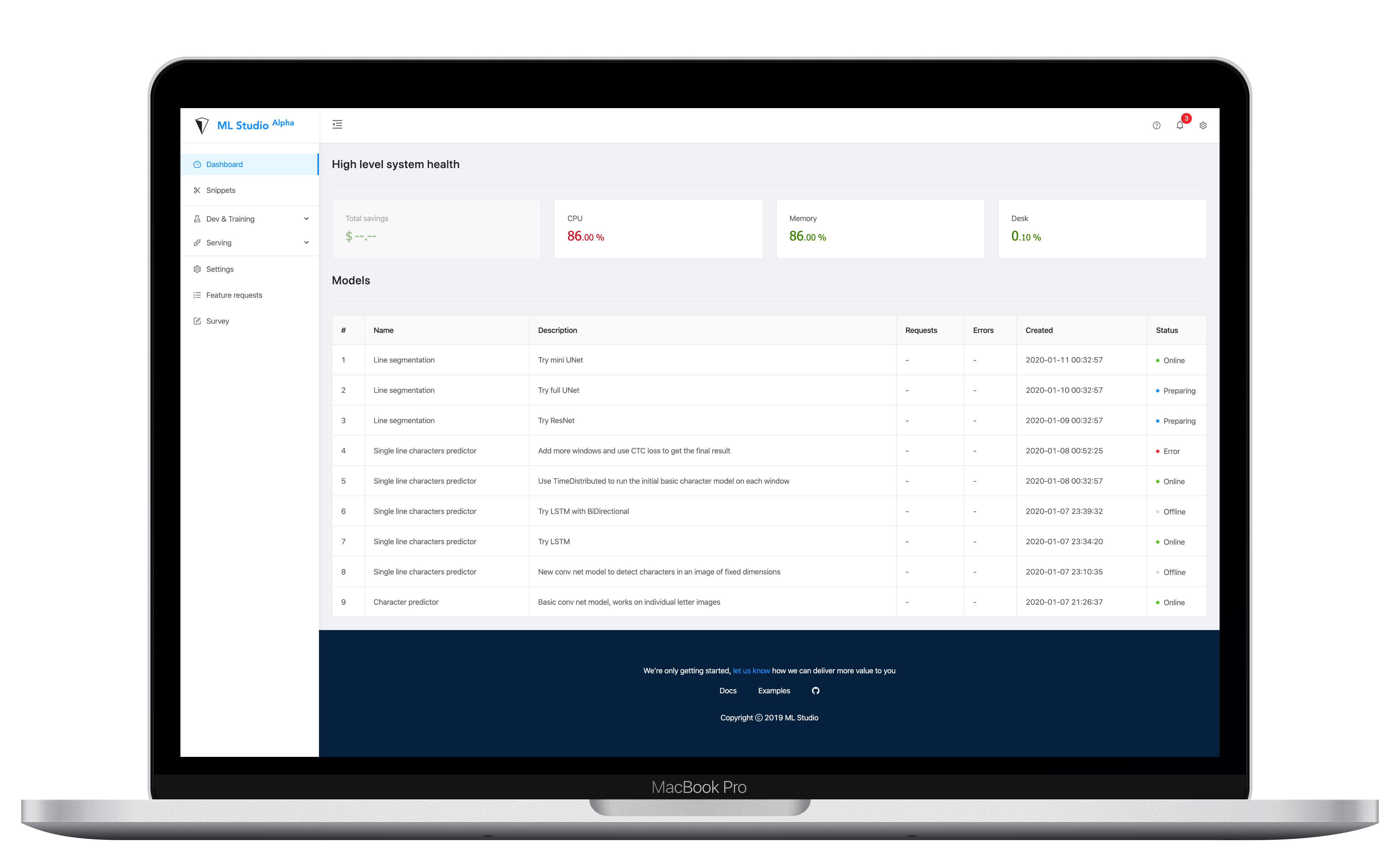 ML Studio dashboard image